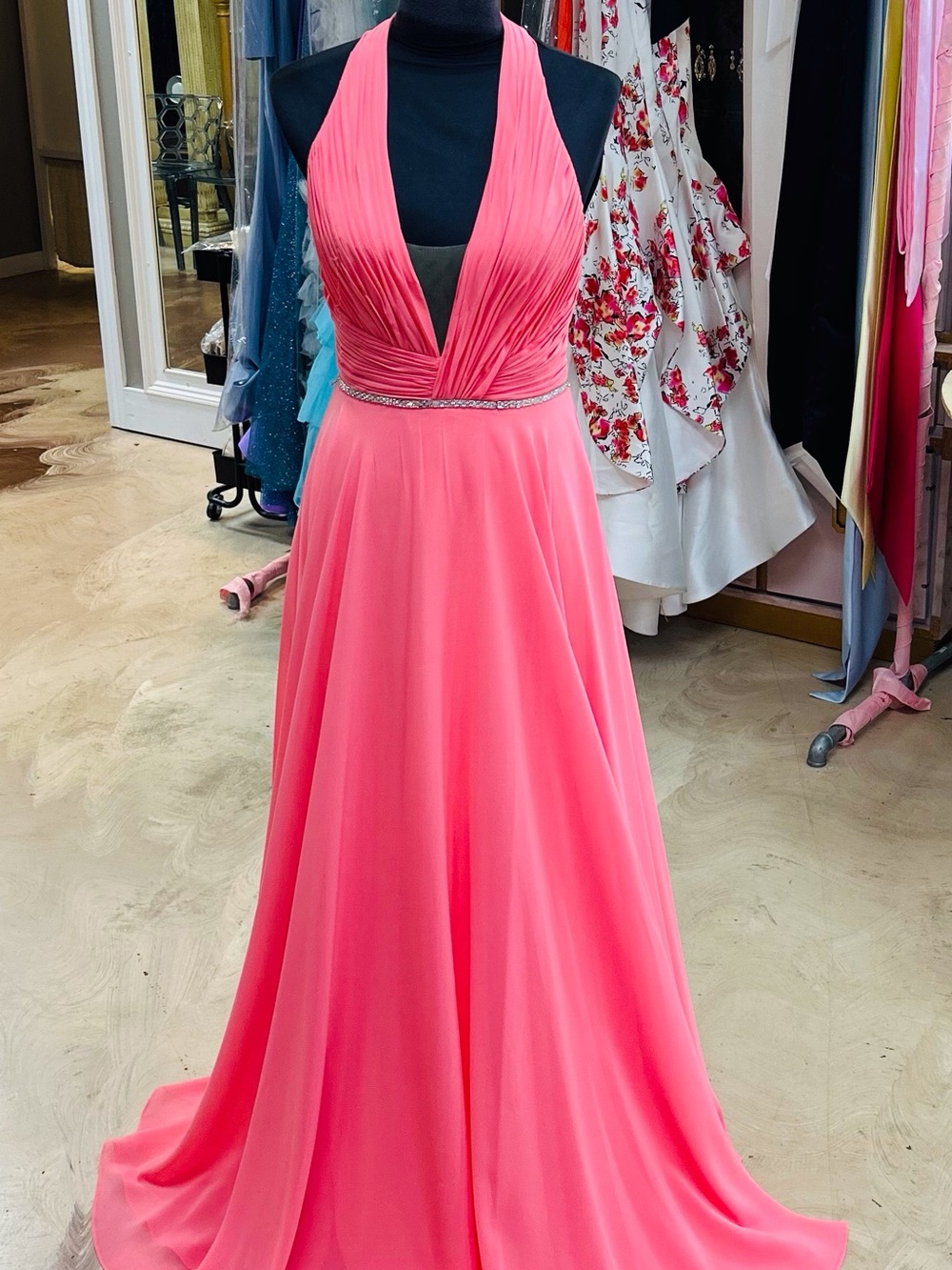 GLO jeans Coral Pink Halter Prom Gown with Jeweled Waistband